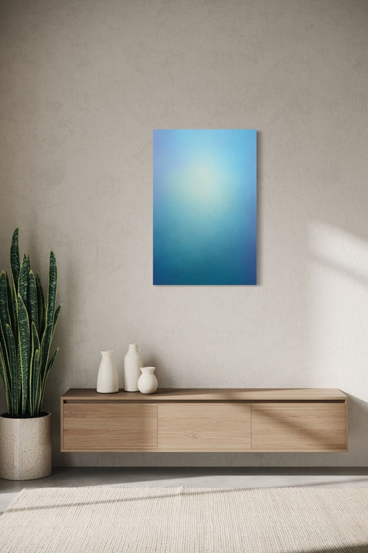 Tidal Song aura gradient canvas shown on a wall above a light oak floating console with ceramic vases