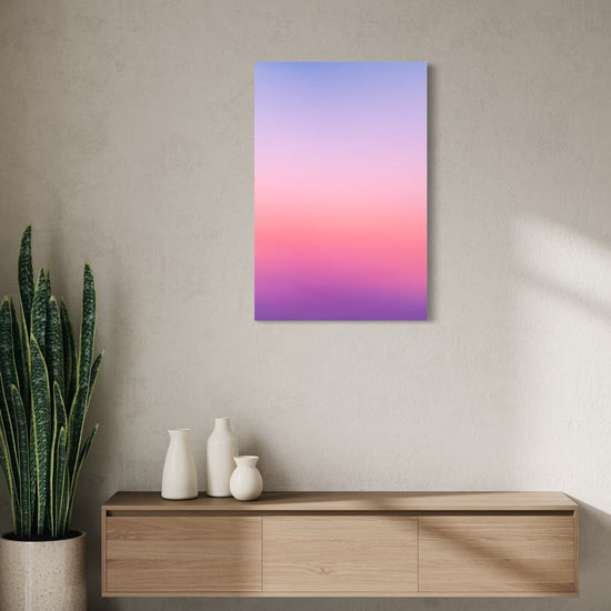 Twilight Wash aura gradient canvas shown on a wall above a light oak floating console with ceramic vases