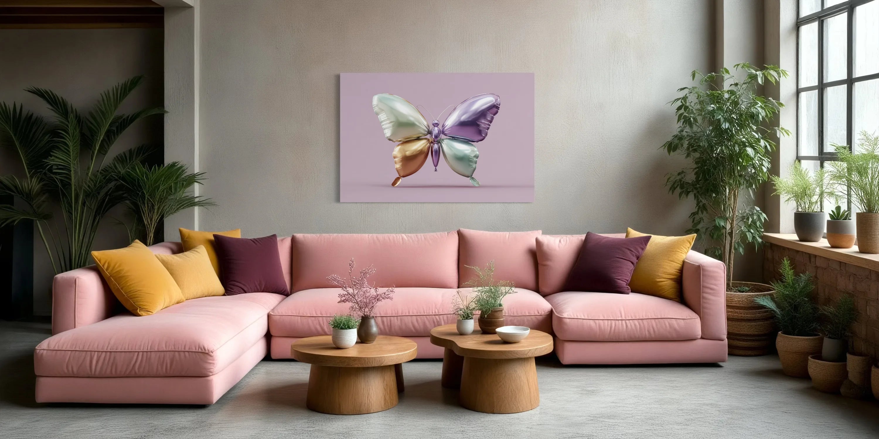 Pastel butterfly art print above a pink sofa in a calm living room