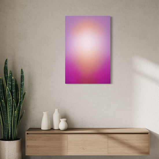 Violet Aura gradient canvas shown on a wall above a light oak floating console with ceramic vases