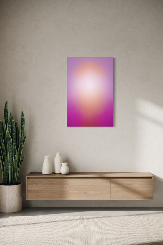 Violet Aura gradient canvas shown on a wall above a light oak floating console with ceramic vases