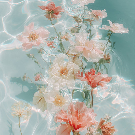 Water Bouquet I: soft white and coral flowers drifting on turquoise water, unframed print