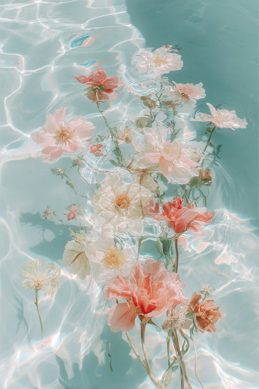 Water Bouquet I: soft white and coral flowers drifting on turquoise water, unframed print