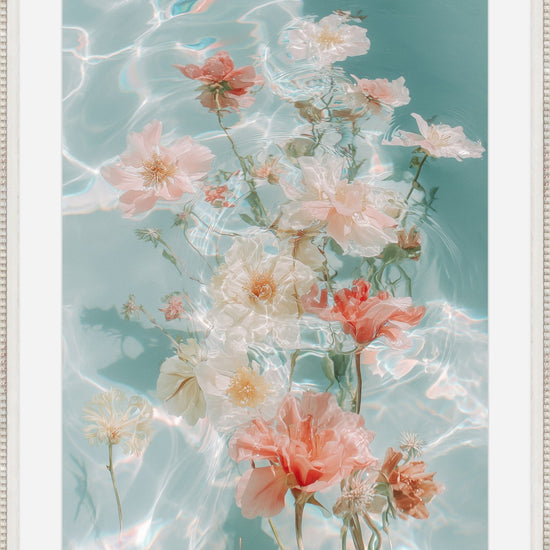 Water Bouquet I framed print: floating white and coral blossoms over calm teal water