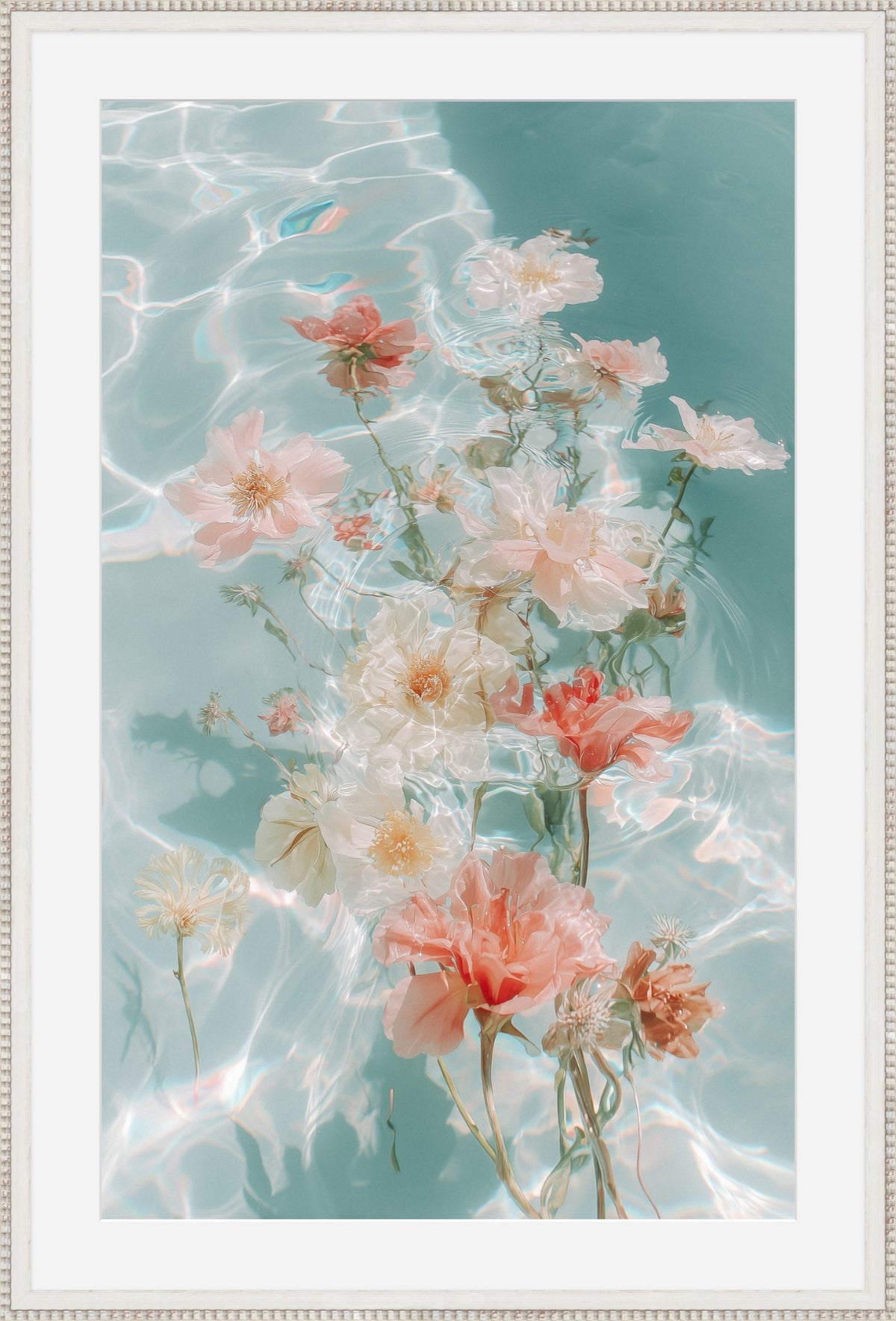 Water Bouquet I framed print: floating white and coral blossoms over calm teal water