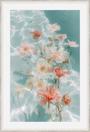 Water Bouquet I framed print: floating white and coral blossoms over calm teal water