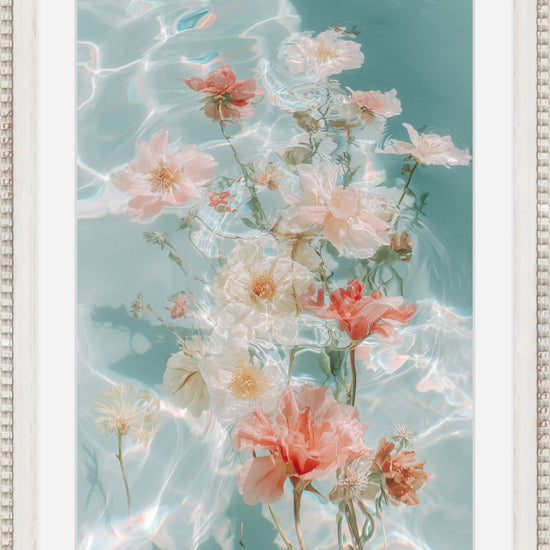 Water Bouquet I: white and coral blossoms floating on teal water, framed fine art print