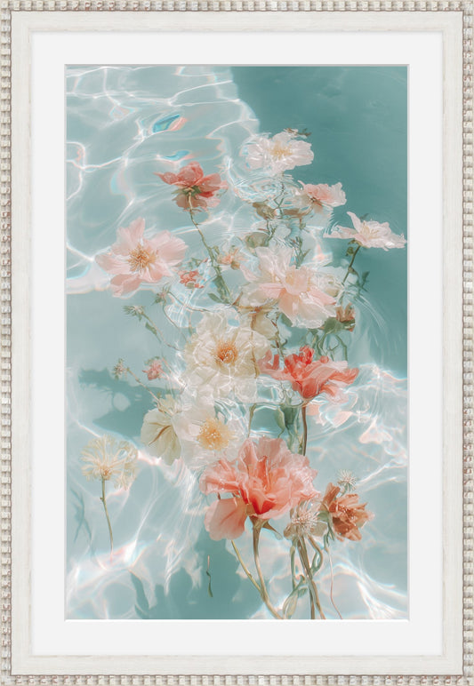 Water Bouquet I: white and coral blossoms floating on teal water, framed fine art print