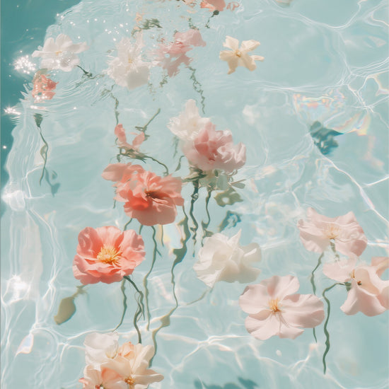 Water Bouquet II: soft coral and white flowers drifting on clear aqua water, unframed print