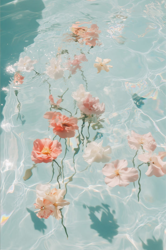 Water Bouquet II: soft coral and white flowers drifting on clear aqua water, unframed print