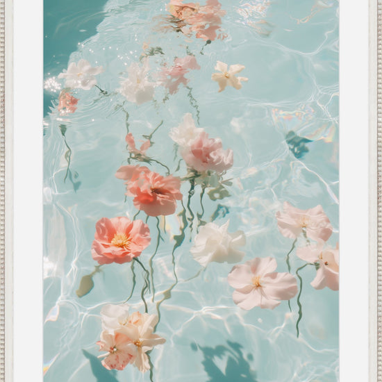 Water Bouquet II framed print: delicate blossoms floating over pale turquoise water