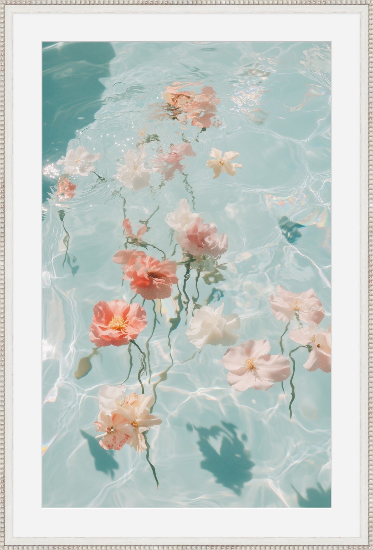 Water Bouquet II framed print: delicate blossoms floating over pale turquoise water