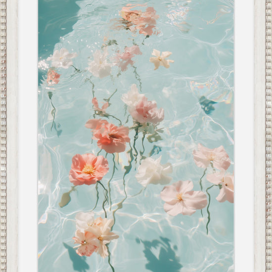 Water Bouquet II: blush and white blossoms floating on pale aqua water, white framed print