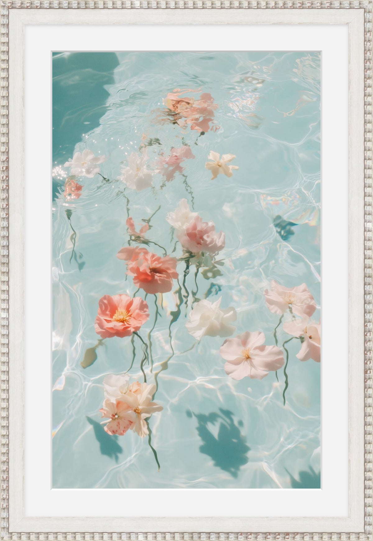 Water Bouquet II: blush and white blossoms floating on pale aqua water, white framed print