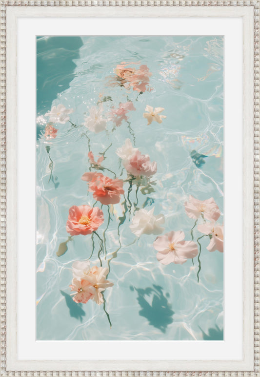 Water Bouquet II: blush and white blossoms floating on pale aqua water, white framed print